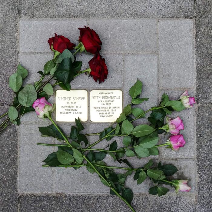 Zwei mit Rosen bedeckte Stolpersteine von Günther Scheige und Lotte Rosenwald. 