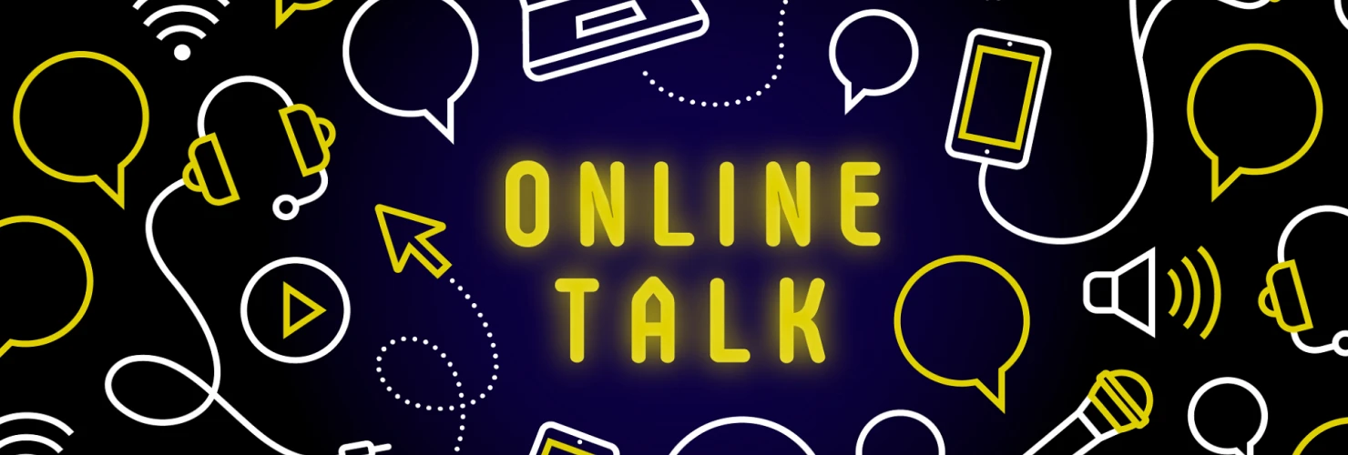 Das Bild zeigt ein lebhaftes Grafikdesign mit dem Thema "Online Talk", zentral in gelben Großbuchstaben gegen einen dunklen Hintergrund mit gelben und weißen Linien und Symbolen. Verschiedene Symbole wie Computer, Tablets, Smartphones, Mikrofone und Lautsprecher, zusammen mit Sprechblasen und Symbolen für Wi-Fi und Videoplay, sind über das gesamte Bild verteilt, verbunden durch gepunktete Linien, die Kommunikationswege darstellen. Die Farben Gelb und Schwarz dominieren das Bild, wobei Gelb für die Hauptelemente und Texte verwendet wird.
