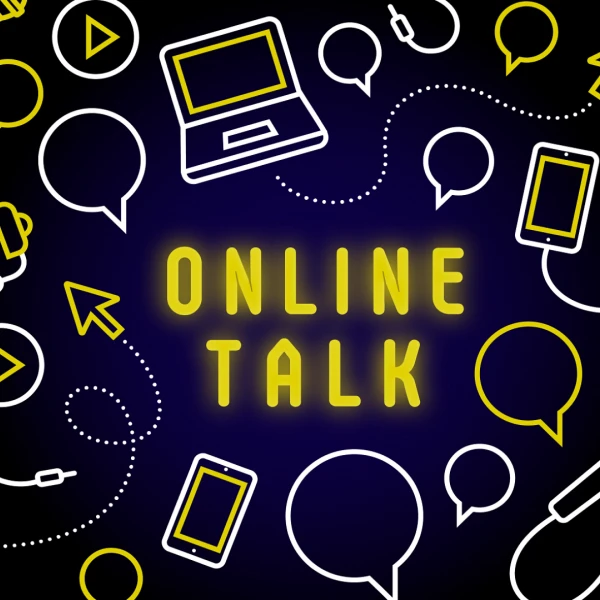 Das Bild zeigt ein lebhaftes Grafikdesign mit dem Thema "Online Talk", zentral in gelben Großbuchstaben gegen einen dunklen Hintergrund mit gelben und weißen Linien und Symbolen. Verschiedene Symbole wie Computer, Tablets, Smartphones, Mikrofone und Lautsprecher, zusammen mit Sprechblasen und Symbolen für Wi-Fi und Videoplay, sind über das gesamte Bild verteilt, verbunden durch gepunktete Linien, die Kommunikationswege darstellen. Die Farben Gelb und Schwarz dominieren das Bild, wobei Gelb für die Hauptelemente und Texte verwendet wird.  