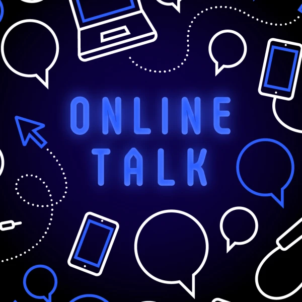 Der Schriftzug 'ONLINE TALK' in blauer Schrift umgeben von Icons wie Lautsprechern, Mikrofonen und Kommunikationsgeräten, auf schwarzem Hintergrund.  