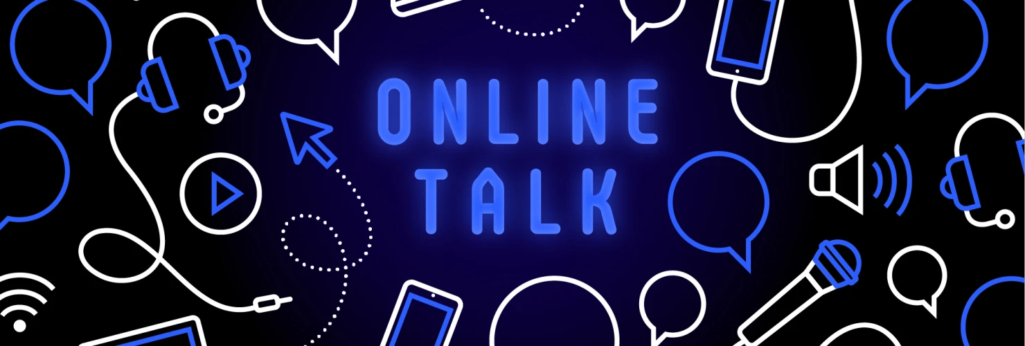 Der Schriftzug 'ONLINE TALK' in blauer Schrift auf schwarzem Hintergrund, umgeben von Icons für Geräte und Kommunikationssymbole.  