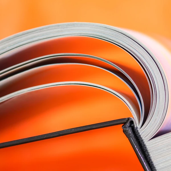 Das Bild zeigt eine Nahaufnahme von den Seiten eines aufgeschlagenen Buches. Die Seiten sind geschwungen und formen sanfte Wellen. Im Hintergrund ist eine unscharfe orange Fläche zu erkennen, die einen kontrastreichen, farbigen Hintergrund bietet.  