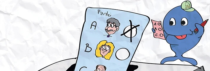 Eine Zeichnung. Ein Wahlschein wird in eine Wahlurne gesteckt. Ein Fischwesen hält den Wahlschein.    