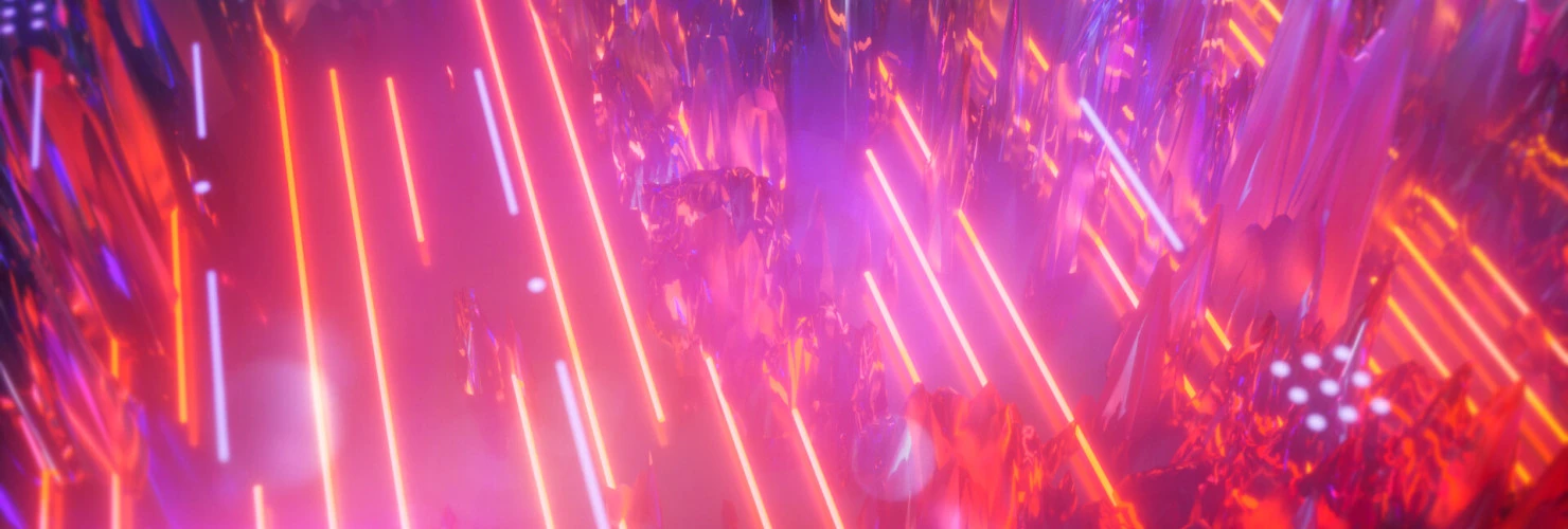 Das Bild zeigt eine lebendige, farbenfrohe Szene, die einem futuristischen oder außerirdischen Szenario ähnelt. Mehrere vertikale und schräge Linien aus hellem Licht, hauptsächlich in Rot- und Blautönen, durchziehen das Bild und erzeugen eine dynamische, fast kinetische Atmosphäre.   