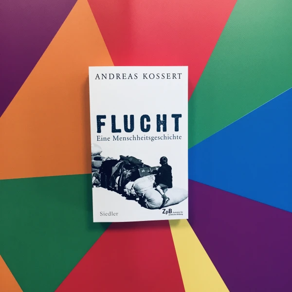 Buchcover von "Flucht-Eine Menschheitsgeschichte" von Andreas Kossert mit farbenfrohem Hintergrund. Es zeigt ein Kind, das auf Bündeln aus Gepäck und Habseligkeiten sitzt, die sich weiter aufreihen.   