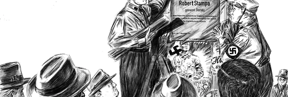Ein gezeichnetes Schwarz-Weiß Bild zeigt eine Litfass-Säule. Davor befinden sich mehrere Personen.  