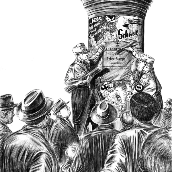 Ein gezeichnetes Schwarz-Weiß Bild zeigt eine Litfass-Säule. Davor befinden sich mehrere Personen.  