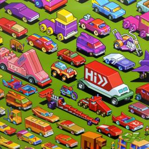 Ein Poster mit verschiedenen grafischen Autos