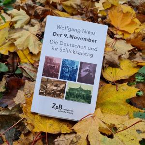 Ein Bild des Buches " Der 9. November-Die Deutschen und ihr Schicksalstag" von Wolfgang Niess mit dem Hintergrund von Herbstblättern.