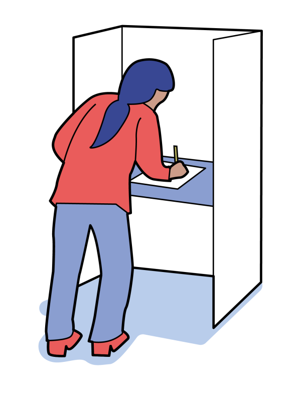 Zu sehen ist eine weiblich gelesene Person in einer Wahlkabine.