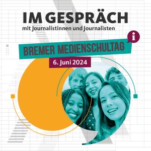 Zu sehen ist das Logo des Bremer Medienschultages. Im Vordergrund lachende, junge Menschen.