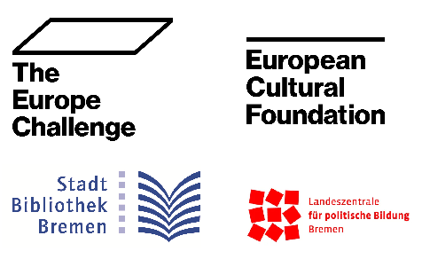 Zu sehen sind vier Logos. Die oberen beiden sind die Logos der  Europe Challenge und der das Logo der Europäischen Kulturstiftung. Darunter sind die Logos der Stadtbibliothek Bremen und der Landeszentrale für politische Bildung Bremen zu sehen.  