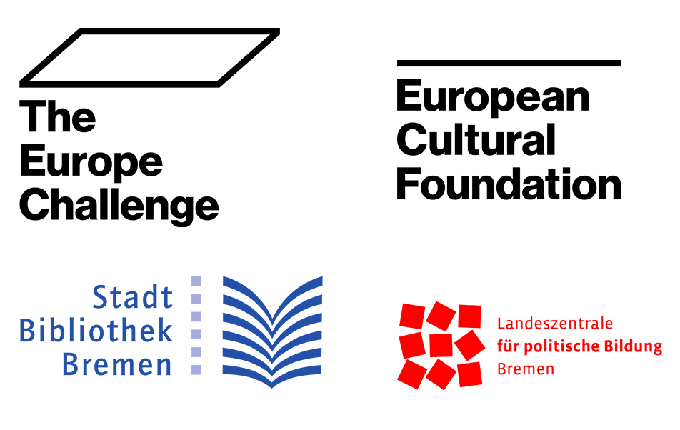 Zu sehen sind vier Logos: das Logo der Europäischen Kulturstiftung, der Europe Challenge, der Stadtbibliothek Bremen sowie der Landeszentrale für politische Bildung Bremen.  